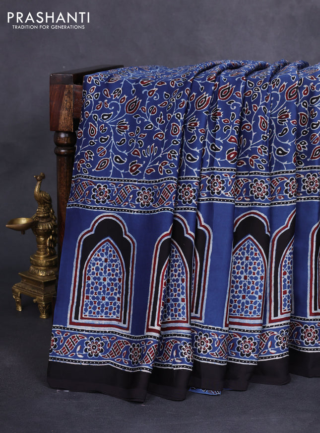Modal silk saree blue and black with allover ajrakh prints and printed border