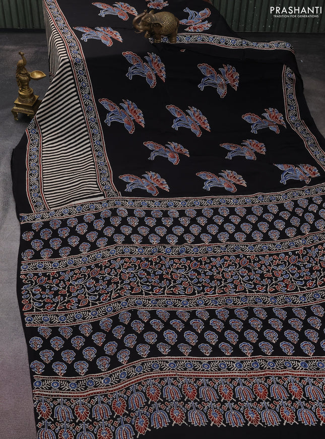 Modal silk saree black with ajrakh butta prints and printed border