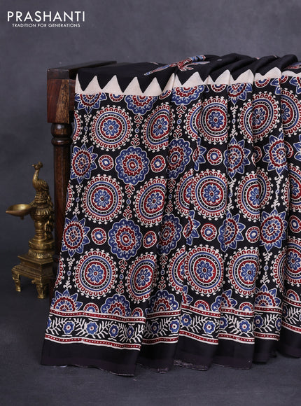 Modal silk saree black with ajrakh butta prints and printed border