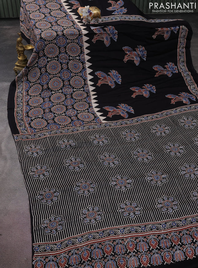 Modal silk saree black with ajrakh butta prints and printed border