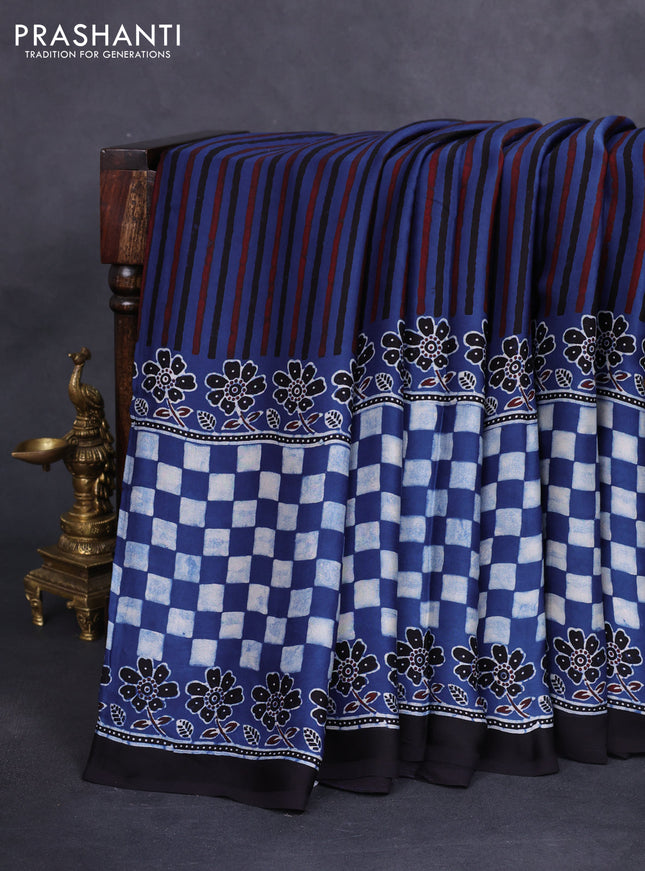 Modal silk saree blue and black with allover ajrakh prints and printed border