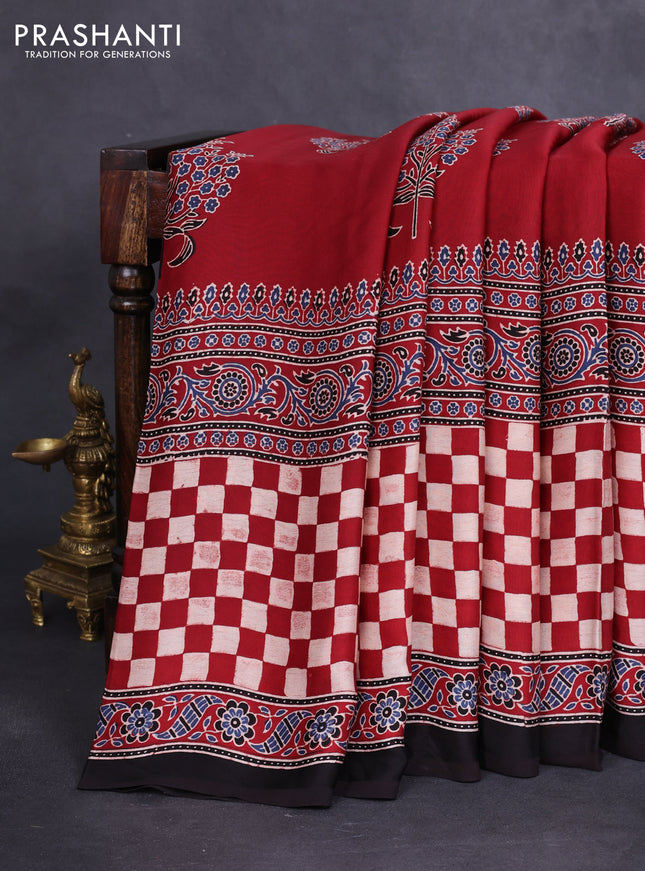 Modal silk saree maroon and black with ajrakh butta prints and printed border