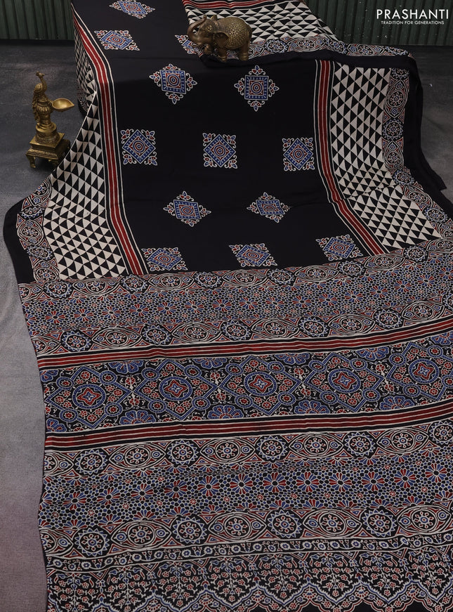 Modal silk saree black with allover ajrakh prints and printed border