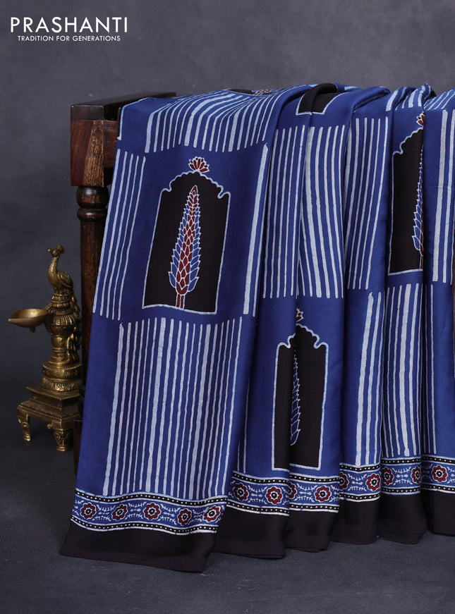 Modal silk saree blue and black with allover ajrakh prints and printed border