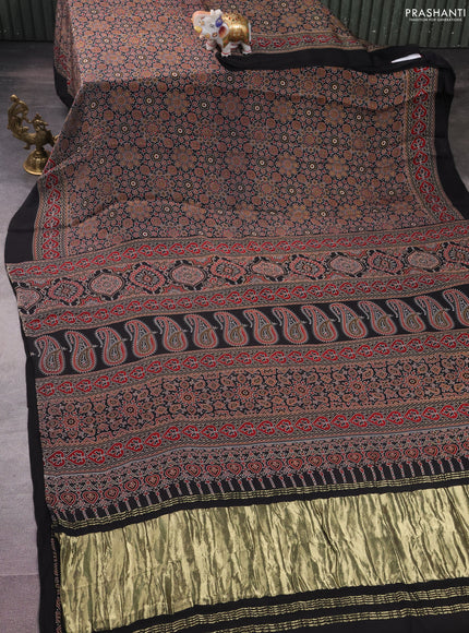 Modal silk saree black with allover ajrakh prints and simple border