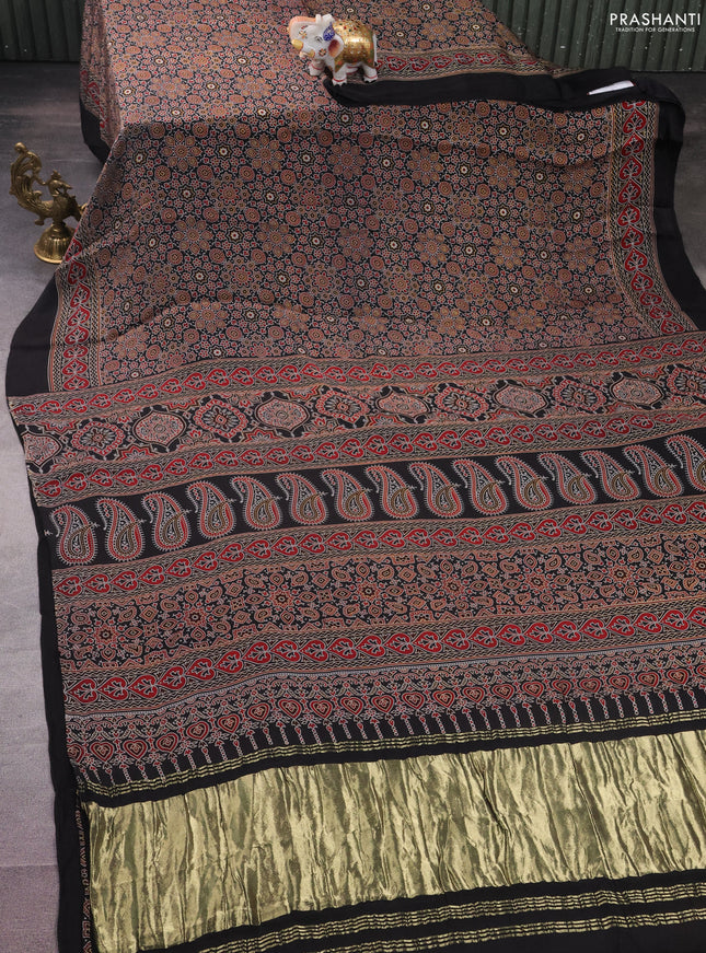 Modal silk saree black with allover ajrakh prints and simple border