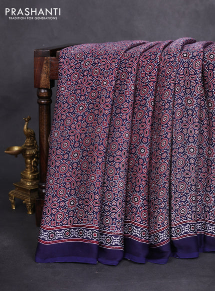 Modal silk saree blue with allover ajrakh prints and simple border