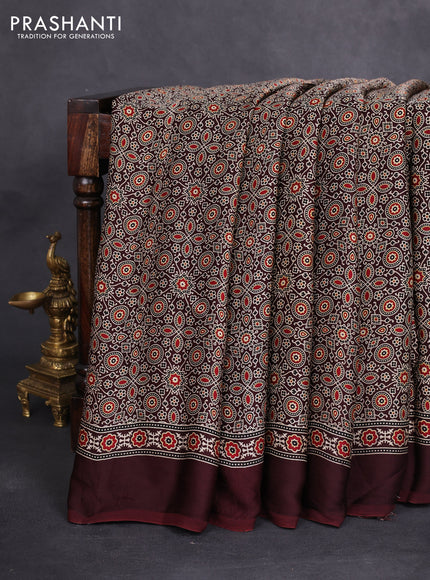 Modal silk saree coffee brown with allover ajrakh prints and simple border