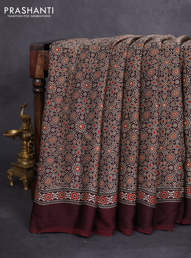 Modal silk saree coffee brown with allover ajrakh prints and simple border
