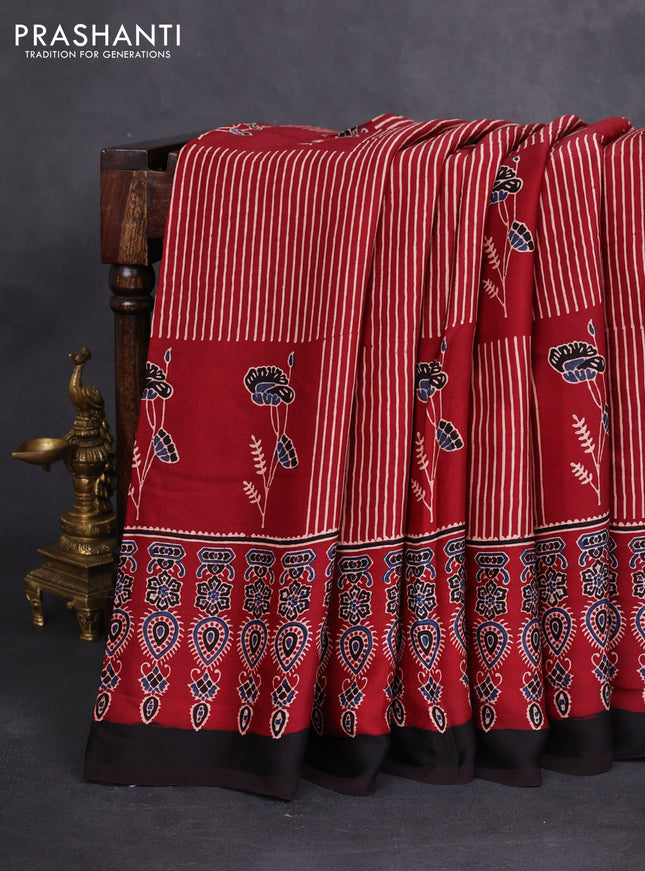 Modal silk saree maroon and black with allover ajrakh prints and printed border