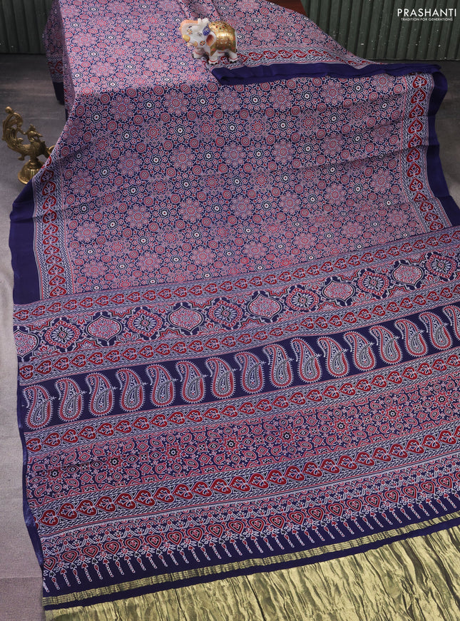 Modal silk saree blue with allover ajrakh prints and printed border