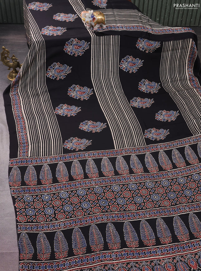 Modal silk saree black with ajrakh butta prints and printed border