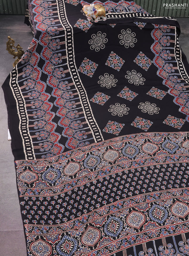 Modal silk saree black with allover ajrakh prints and printed border
