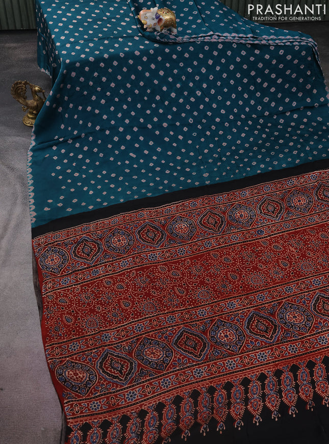 Modal silk saree peacock green and maroon with allover bandhini prints and ajrakh printed pallu & blouse