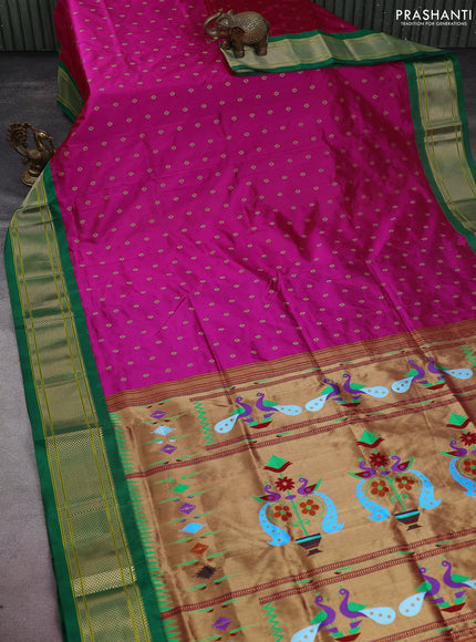 Pure paithani silk saree pink and green with allover zari woven buttas and paithani weaving pallu