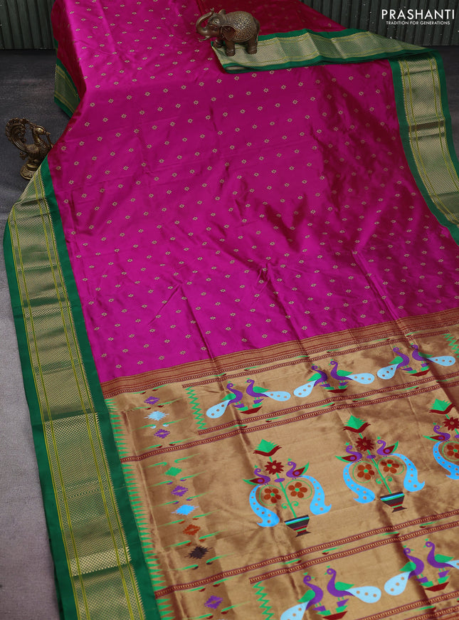 Pure paithani silk saree pink and green with allover zari woven buttas and paithani weaving pallu