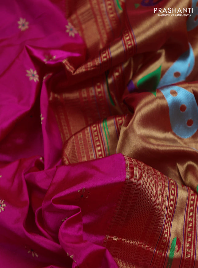 Pure paithani silk saree pink and green with allover zari woven buttas and paithani weaving pallu