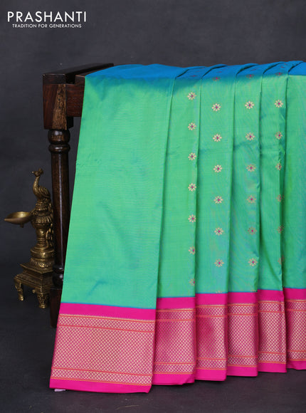 Pure paithani silk saree dual shade of teal bluish green and pink with allover zari woven buttas and paithani weaving pallu