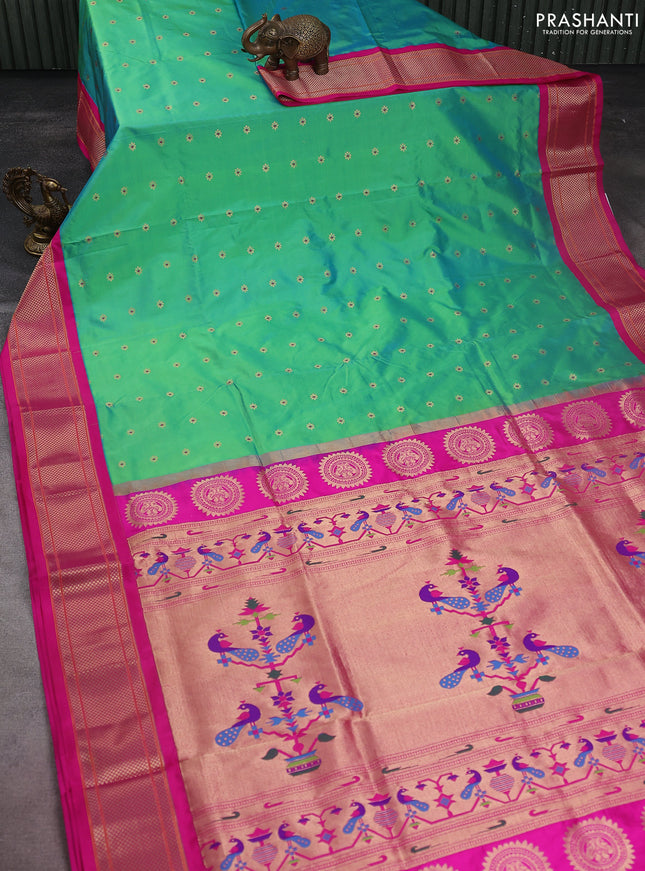 Pure paithani silk saree dual shade of teal bluish green and pink with allover zari woven buttas and paithani weaving pallu