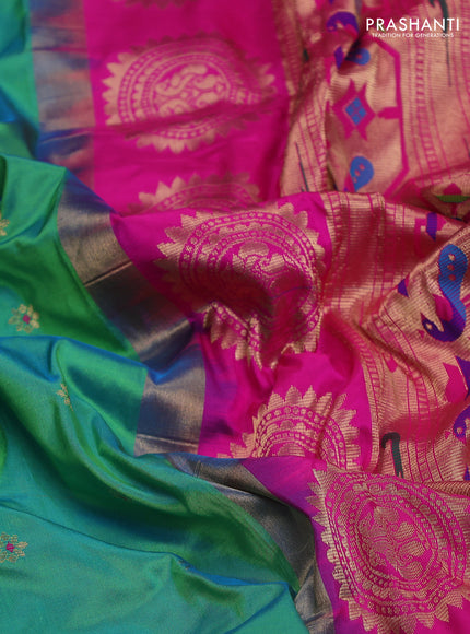Pure paithani silk saree dual shade of teal bluish green and pink with allover zari woven buttas and paithani weaving pallu