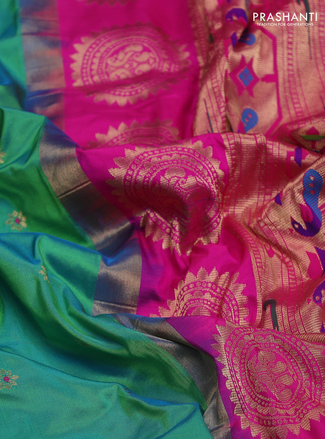 Pure paithani silk saree dual shade of teal bluish green and pink with allover zari woven buttas and paithani weaving pallu
