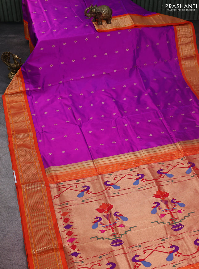 Pure paithani silk saree purple and orange with allover zari woven buttas and paithani weaving pallu