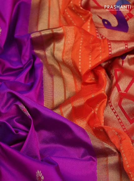 Pure paithani silk saree purple and orange with allover zari woven buttas and paithani weaving pallu