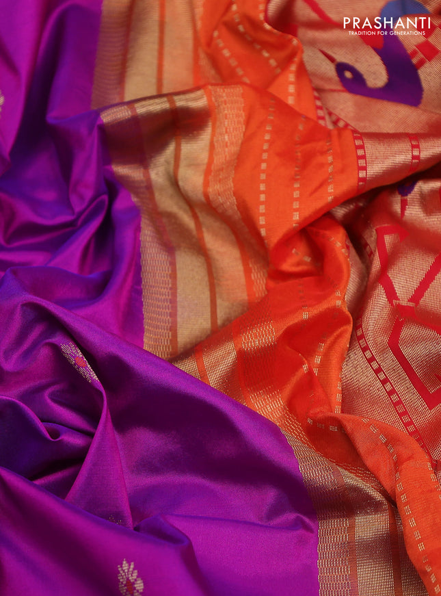 Pure paithani silk saree purple and orange with allover zari woven buttas and paithani weaving pallu