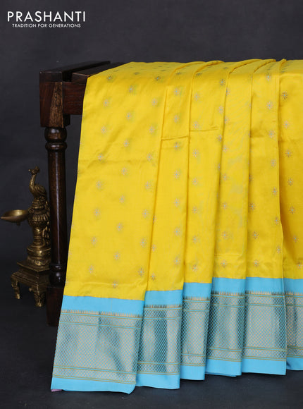 Pure paithani silk saree yellow and light blue with allover zari woven buttas and paithani weaving pallu