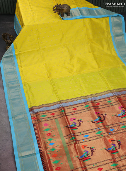 Pure paithani silk saree yellow and light blue with allover zari woven buttas and paithani weaving pallu