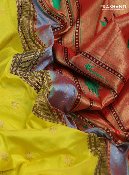 Pure paithani silk saree yellow and light blue with allover zari woven buttas and paithani weaving pallu