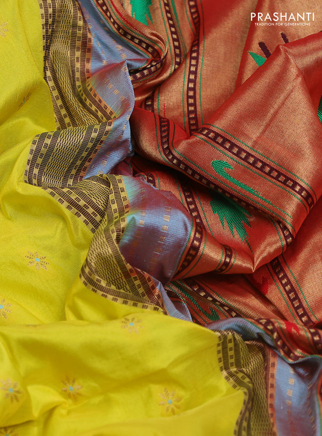 Pure paithani silk saree yellow and light blue with allover zari woven buttas and paithani weaving pallu
