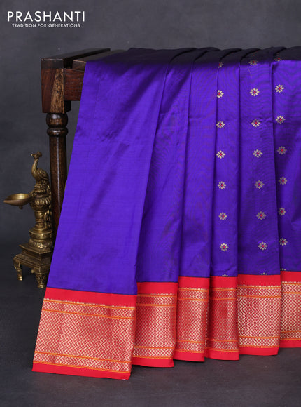 Pure paithani silk saree blue and red with allover zari woven buttas and paithani weaving pallu