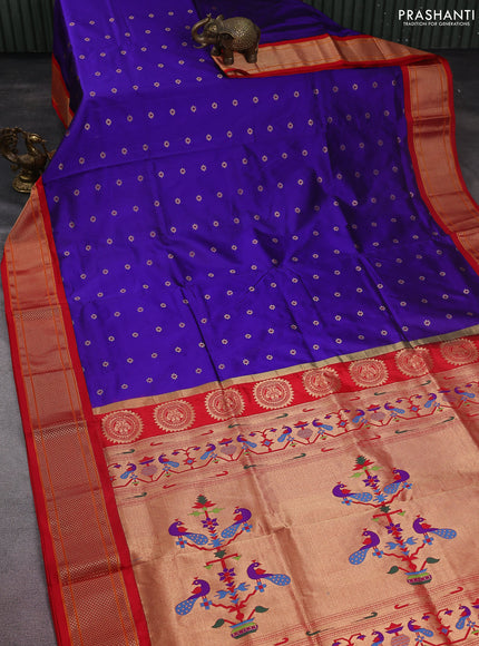 Pure paithani silk saree blue and red with allover zari woven buttas and paithani weaving pallu