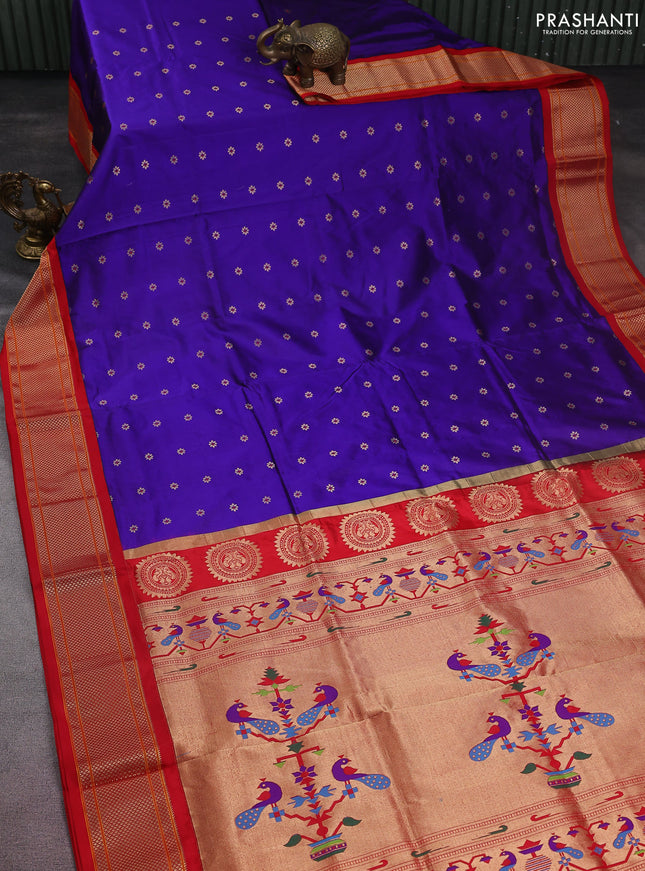 Pure paithani silk saree blue and red with allover zari woven buttas and paithani weaving pallu