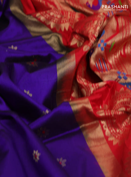 Pure paithani silk saree blue and red with allover zari woven buttas and paithani weaving pallu