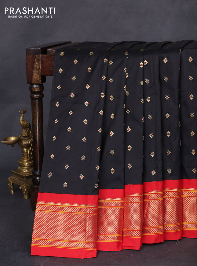 Pure paithani silk saree black and red with allover zari woven buttas and paithani weaving pallu