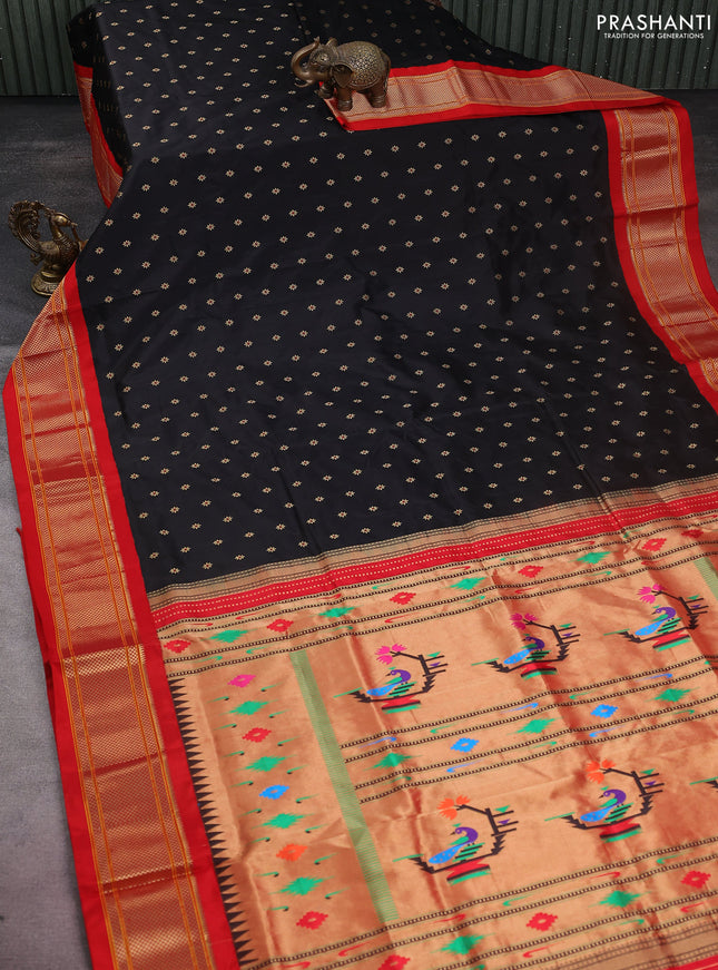 Pure paithani silk saree black and red with allover zari woven buttas and paithani weaving pallu