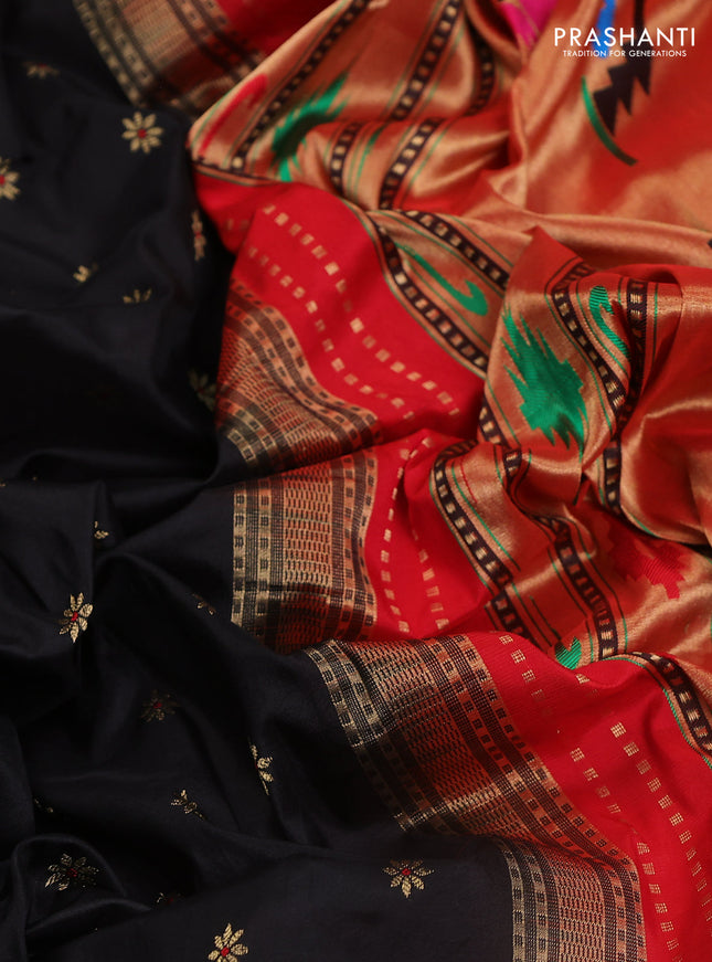 Pure paithani silk saree black and red with allover zari woven buttas and paithani weaving pallu