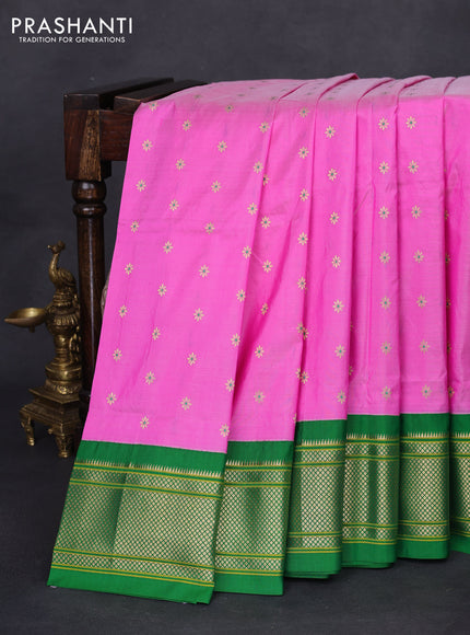 Pure paithani silk saree pink and green with allover zari woven floral buttas and paithani weaving pallu