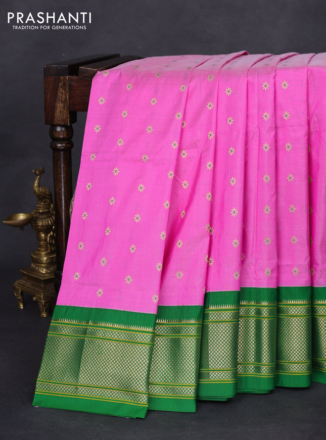 Pure paithani silk saree pink and green with allover zari woven floral buttas and paithani weaving pallu