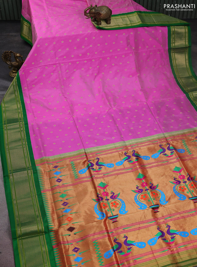 Pure paithani silk saree pink and green with allover zari woven floral buttas and paithani weaving pallu