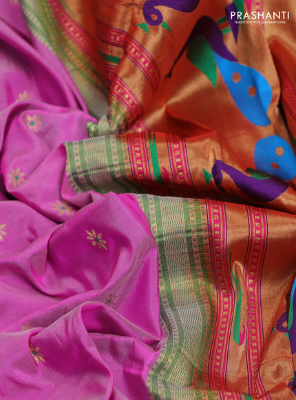 Pure paithani silk saree pink and green with allover zari woven floral buttas and paithani weaving pallu
