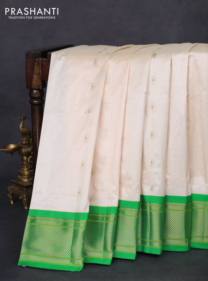 Pure paithani silk saree cream and green with allover zari woven floral buttas and paithani weaving pallu
