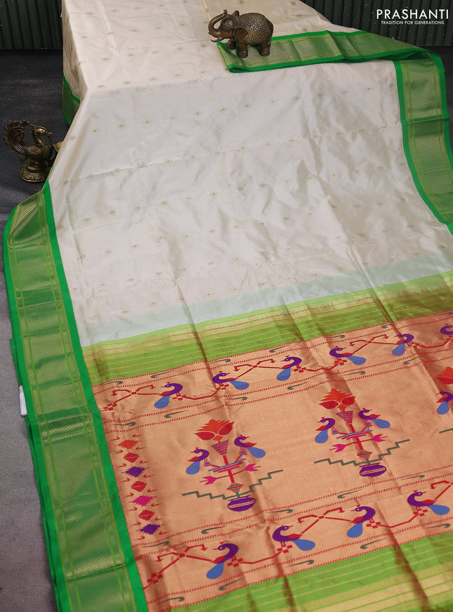 Pure paithani silk saree cream and green with allover zari woven floral buttas and paithani weaving pallu