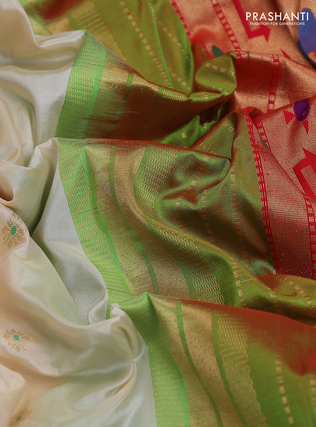 Pure paithani silk saree cream and green with allover zari woven floral buttas and paithani weaving pallu