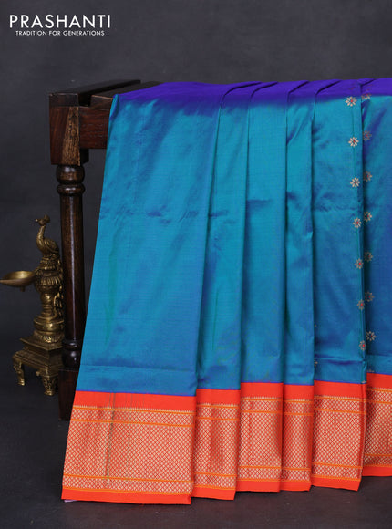 Pure paithani silk saree dual shade of bluish green and orange with allover zari woven floral buttas and paithani weaving pallu
