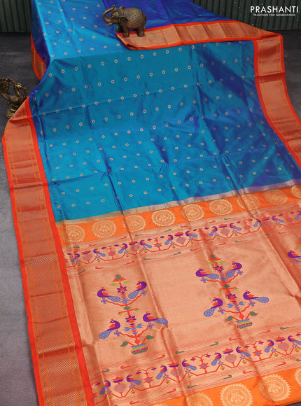 Pure paithani silk saree dual shade of bluish green and orange with allover zari woven floral buttas and paithani weaving pallu