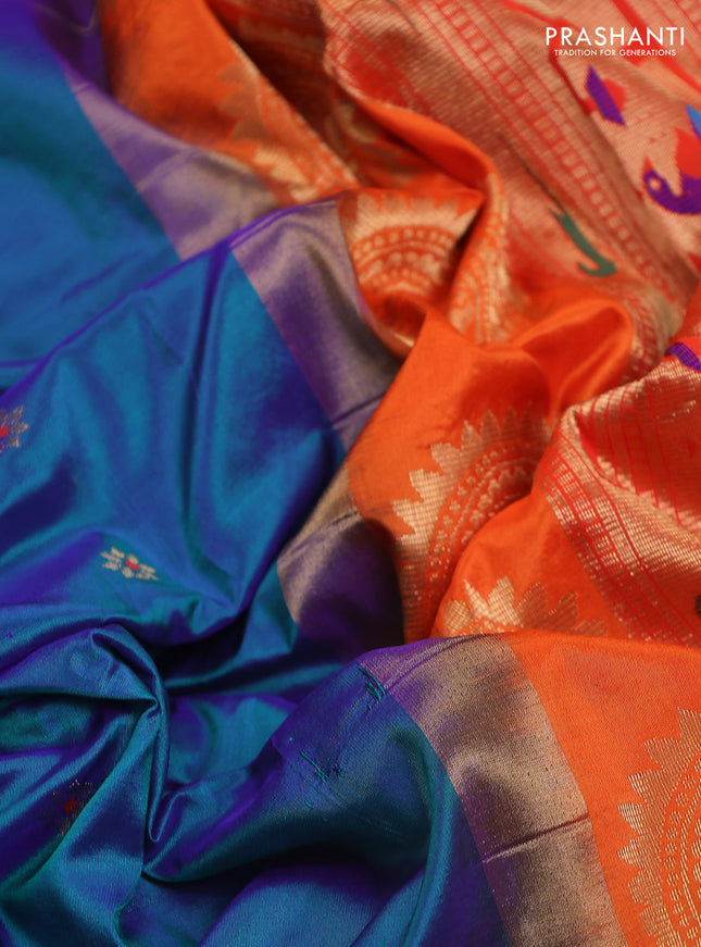 Pure paithani silk saree dual shade of bluish green and orange with allover zari woven floral buttas and paithani weaving pallu