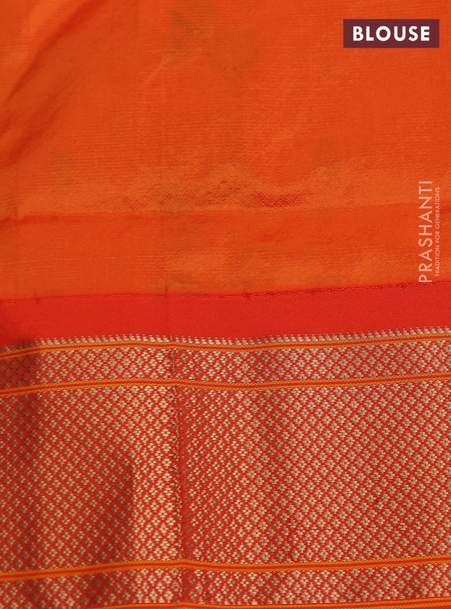 Pure paithani silk saree dual shade of bluish green and orange with allover zari woven floral buttas and paithani weaving pallu